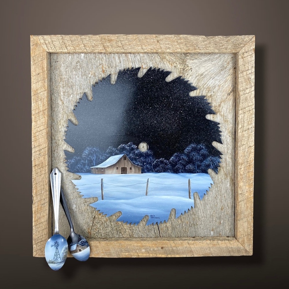 Hand Painted Saw Blade & Spoons North‎ Dakota Winter Barn Scene Barnwood Frame